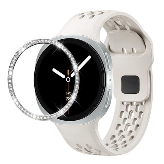 For Samsung Galaxy Watch8 40mm Diamond Bezel and Black Reverse Buckle Silicone Watch Band(Beige Silver)
