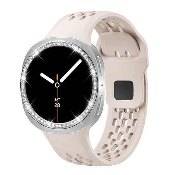 For Samsung Galaxy Watch8 40mm Diamond Bezel and Black Reverse Buckle Silicone Watch Band(Starlight Silver)