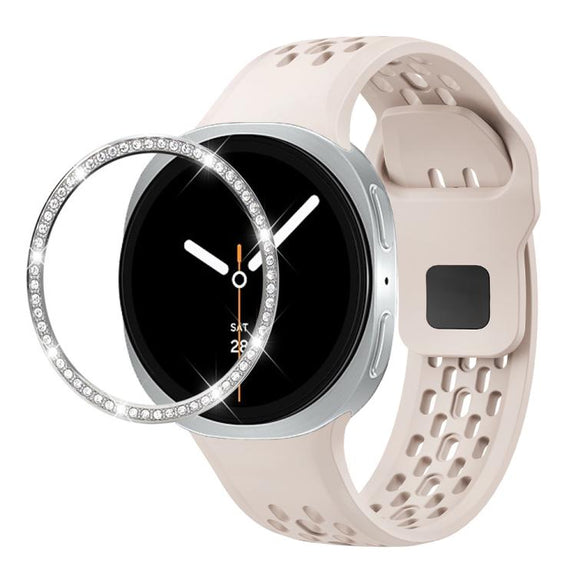 For Samsung Galaxy Watch8 40mm Diamond Bezel and Black Reverse Buckle Silicone Watch Band(Starlight Silver)