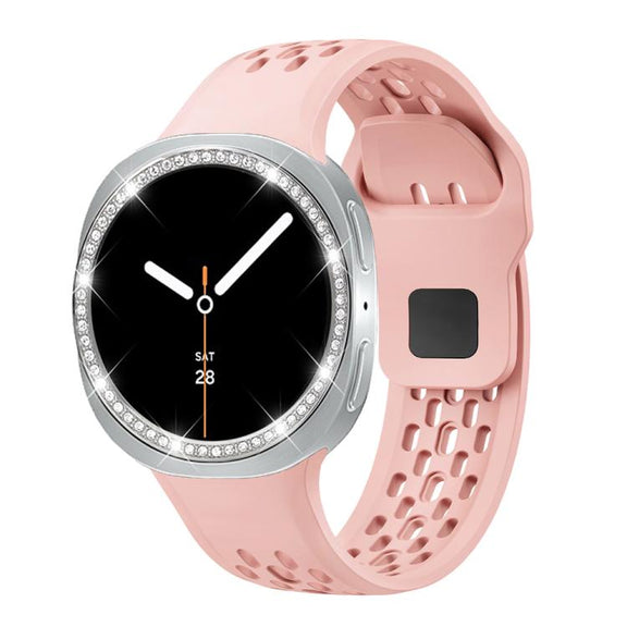 For Samsung Galaxy Watch8 40mm Diamond Bezel and Black Reverse Buckle Silicone Watch Band(Pink Silver)