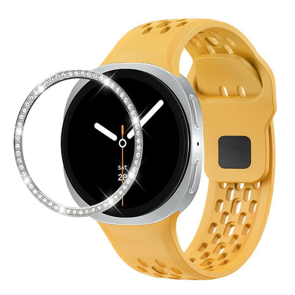 For Samsung Galaxy Watch8 40mm Diamond Bezel and Black Reverse Buckle Silicone Watch Band(Yellow Silver)