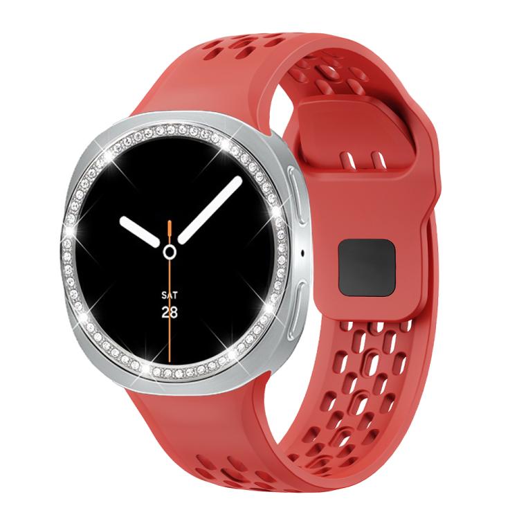 For Samsung Galaxy Watch8 40mm Diamond Bezel and Black Reverse Buckle Silicone Watch Band(Red Silver)