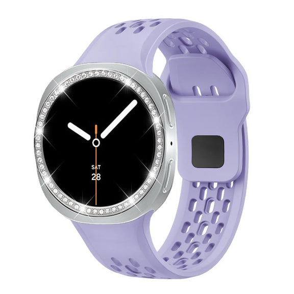 For Samsung Galaxy Watch8 40mm Diamond Bezel and Black Reverse Buckle Silicone Watch Band(Purple Silver)
