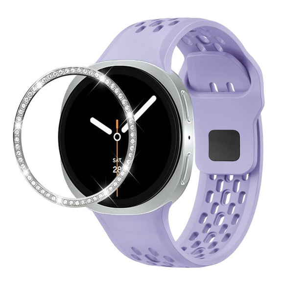 For Samsung Galaxy Watch8 40mm Diamond Bezel and Black Reverse Buckle Silicone Watch Band(Purple Silver)