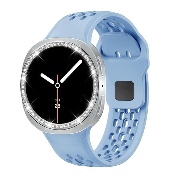 For Samsung Galaxy Watch8 40mm Diamond Bezel and Black Reverse Buckle Silicone Watch Band(Light Blue Silver)