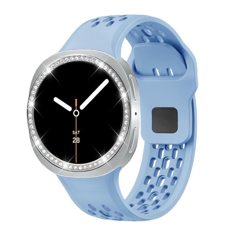 For Samsung Galaxy Watch8 40mm Diamond Bezel and Black Reverse Buckle Silicone Watch Band(Light Blue Silver)