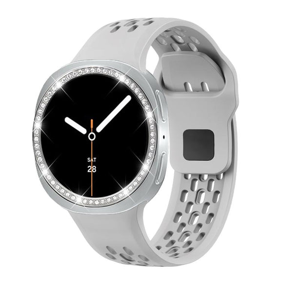 For Samsung Galaxy Watch8 40mm Diamond Bezel and Black Reverse Buckle Silicone Watch Band(Gray Silver)
