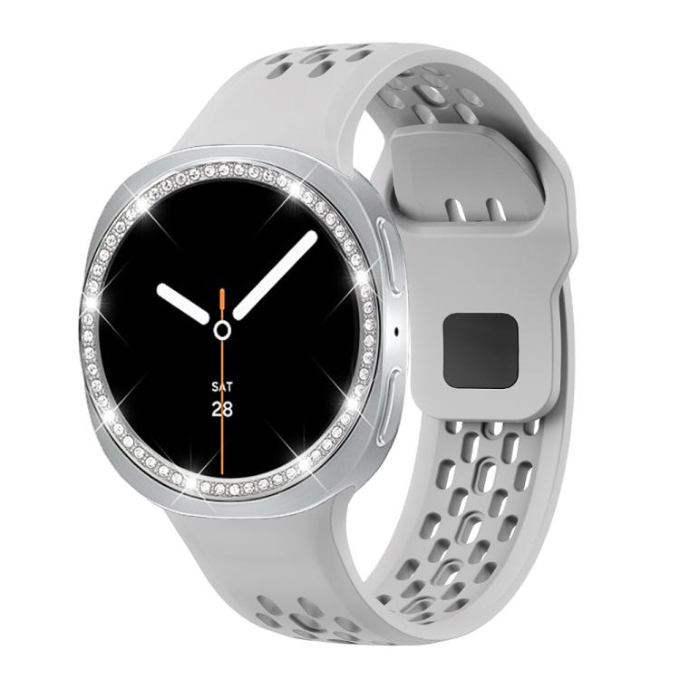 For Samsung Galaxy Watch8 40mm Diamond Bezel and Black Reverse Buckle Silicone Watch Band(Gray Silver)