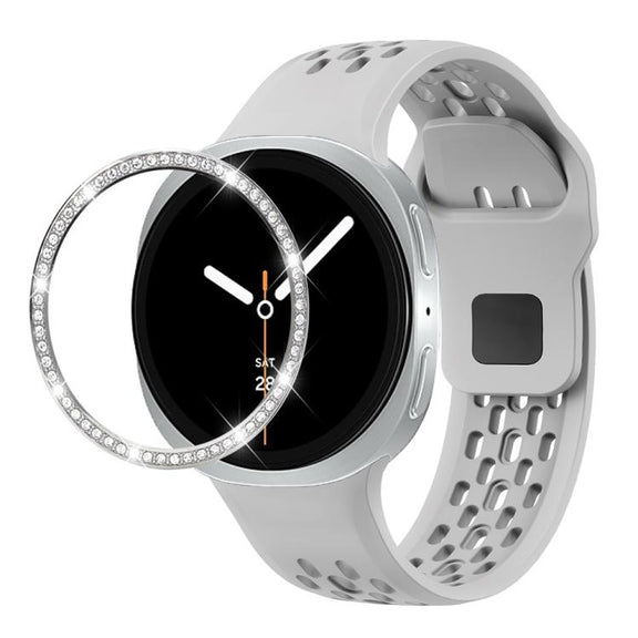 For Samsung Galaxy Watch8 40mm Diamond Bezel and Black Reverse Buckle Silicone Watch Band(Gray Silver)