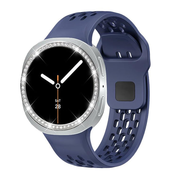 For Samsung Galaxy Watch8 40mm Diamond Bezel and Black Reverse Buckle Silicone Watch Band(Midnight Blue Silver)
