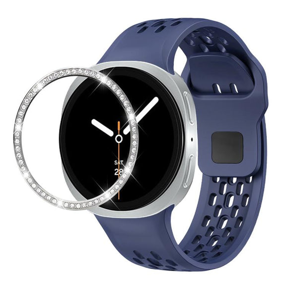 For Samsung Galaxy Watch8 40mm Diamond Bezel and Black Reverse Buckle Silicone Watch Band(Midnight Blue Silver)
