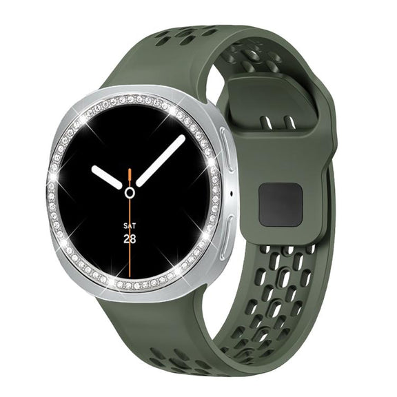 For Samsung Galaxy Watch8 40mm Diamond Bezel and Black Reverse Buckle Silicone Watch Band(Army Green Silver)