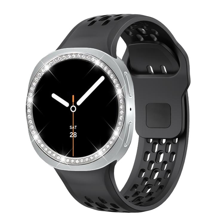 For Samsung Galaxy Watch8 40mm Diamond Bezel and Black Reverse Buckle Silicone Watch Band(Black Silver)