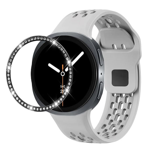For Samsung Galaxy Watch8 40mm Diamond Bezel and Black Reverse Buckle Silicone Watch Band(Gray Black)