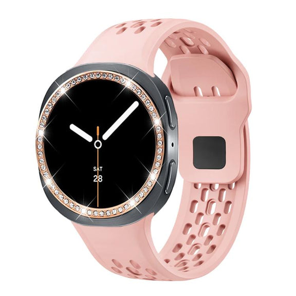 For Samsung Galaxy Watch8 40mm Diamond Bezel and Black Reverse Buckle Silicone Watch Band(Pink Rose Gold)
