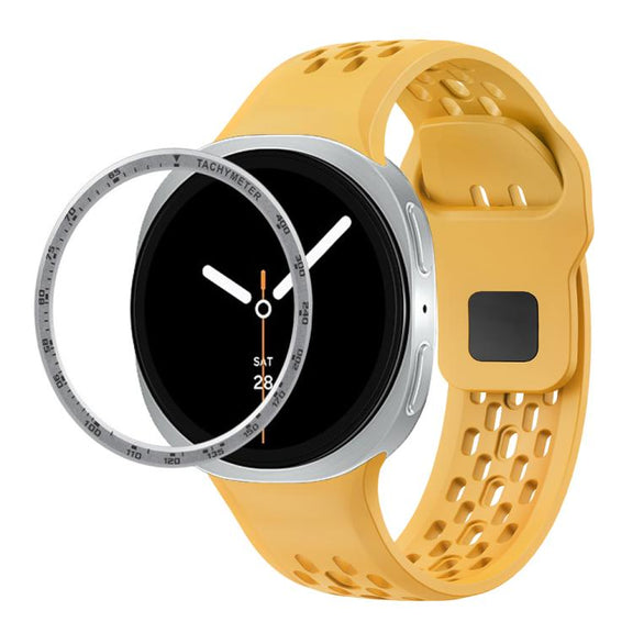 For Samsung Galaxy Watch8 40mm Speed Bezel and Black Reverse Buckle Silicone Watch Band(Yellow Silver)