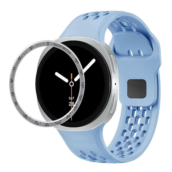 For Samsung Galaxy Watch8 40mm Speed Bezel and Black Reverse Buckle Silicone Watch Band(Light Blue Silver)