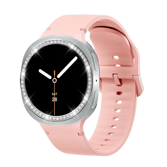 For Samsung Galaxy Watch8 44mm Diamond Bezel and Solid Color Stitched Silicone Watch Band(Pink Silver)