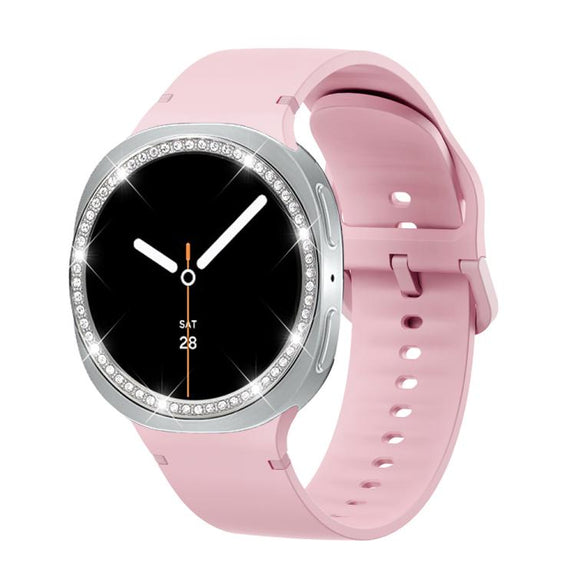 For Samsung Galaxy Watch8 44mm Diamond Bezel and Solid Color Stitched Silicone Watch Band(Light Pink Silver)