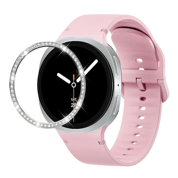 For Samsung Galaxy Watch8 44mm Diamond Bezel and Solid Color Stitched Silicone Watch Band(Light Pink Silver)