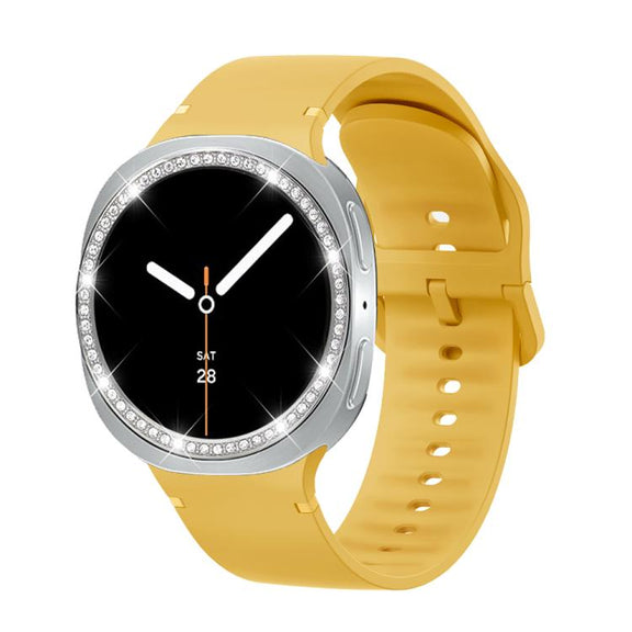 For Samsung Galaxy Watch8 44mm Diamond Bezel and Solid Color Stitched Silicone Watch Band(Official Yellow Silver)