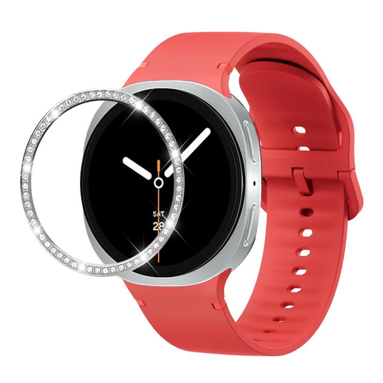 For Samsung Galaxy Watch8 44mm Diamond Bezel and Solid Color Stitched Silicone Watch Band(Red Silver) - free shipping - PMC TechLife - Order now!