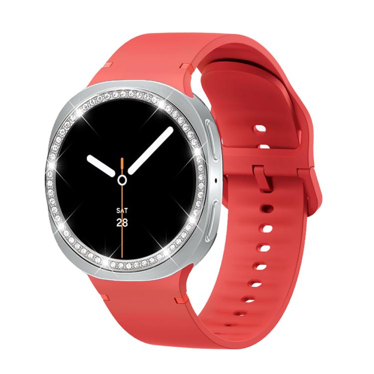 For Samsung Galaxy Watch8 44mm Diamond Bezel and Solid Color Stitched Silicone Watch Band(Red Silver) - free shipping - PMC TechLife - Order now!