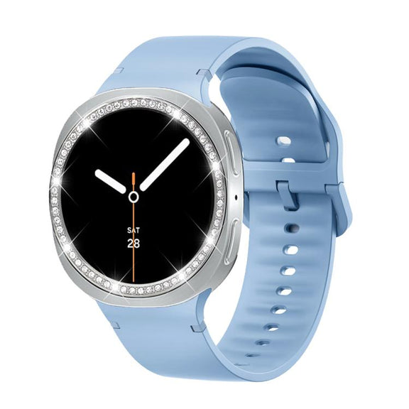 For Samsung Galaxy Watch8 44mm Diamond Bezel and Solid Color Stitched Silicone Watch Band(Light Blue Silver)