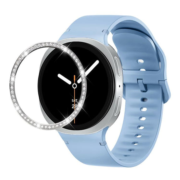 For Samsung Galaxy Watch8 44mm Diamond Bezel and Solid Color Stitched Silicone Watch Band(Light Blue Silver)