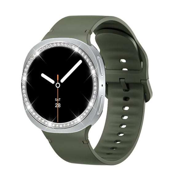 For Samsung Galaxy Watch8 44mm Diamond Bezel and Solid Color Stitched Silicone Watch Band(Army Green Silver)
