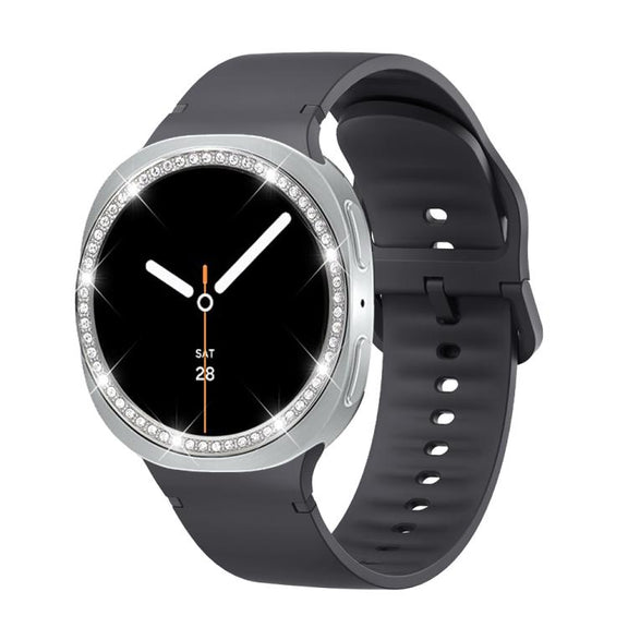 For Samsung Galaxy Watch8 44mm Diamond Bezel and Solid Color Stitched Silicone Watch Band(Dark Gray Silver)