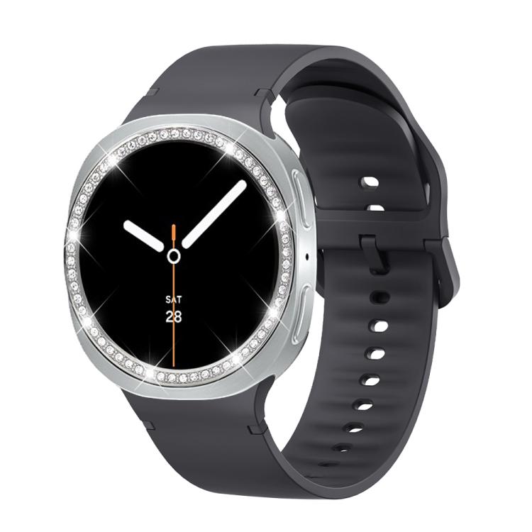 For Samsung Galaxy Watch8 44mm Diamond Bezel and Solid Color Stitched Silicone Watch Band(Dark Gray Silver)