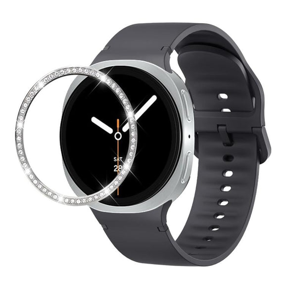 For Samsung Galaxy Watch8 44mm Diamond Bezel and Solid Color Stitched Silicone Watch Band(Dark Gray Silver)