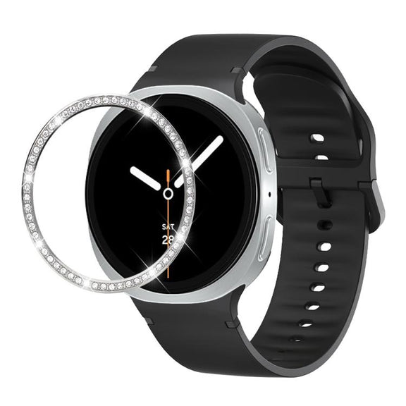 For Samsung Galaxy Watch8 44mm Diamond Bezel and Solid Color Stitched Silicone Watch Band(Black Silver)