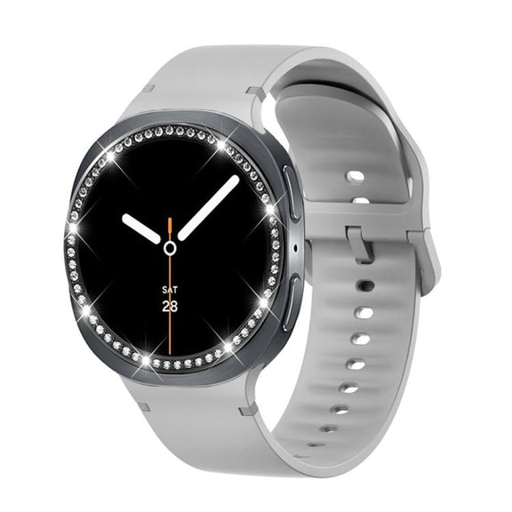 For Samsung Galaxy Watch8 44mm Diamond Bezel and Solid Color Stitched Silicone Watch Band(Gray Black)