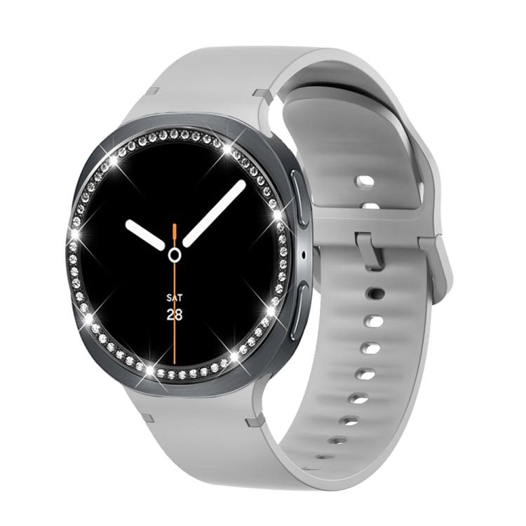 For Samsung Galaxy Watch8 44mm Diamond Bezel and Solid Color Stitched Silicone Watch Band(Gray Black)