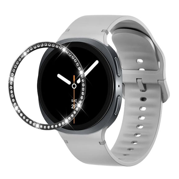 For Samsung Galaxy Watch8 44mm Diamond Bezel and Solid Color Stitched Silicone Watch Band(Gray Black)