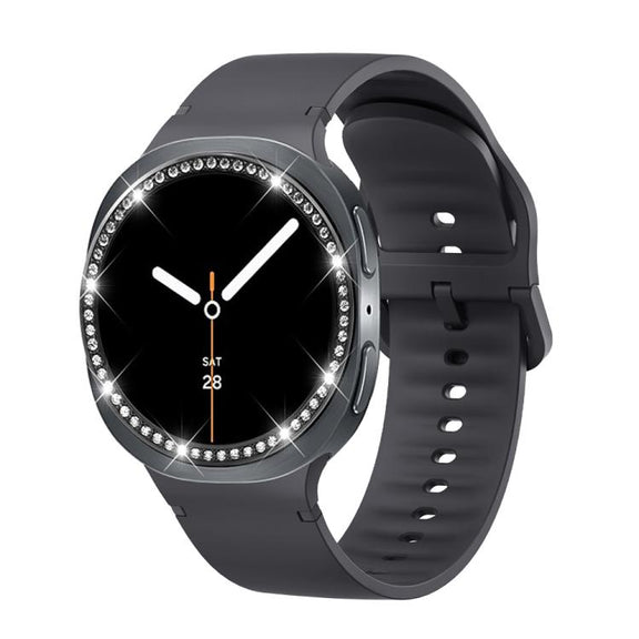 For Samsung Galaxy Watch8 44mm Diamond Bezel and Solid Color Stitched Silicone Watch Band(Dark Gray Black)