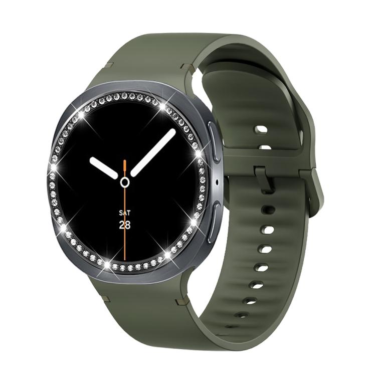 For Samsung Galaxy Watch8 44mm Diamond Bezel and Solid Color Stitched Silicone Watch Band(Army Green Black) - free shipping - PMC TechLife - Order now!