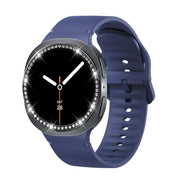 For Samsung Galaxy Watch8 44mm Diamond Bezel and Solid Color Stitched Silicone Watch Band(Midnight Blue Black)