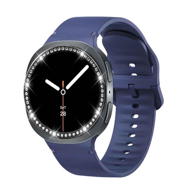 For Samsung Galaxy Watch8 44mm Diamond Bezel and Solid Color Stitched Silicone Watch Band(Midnight Blue Black)