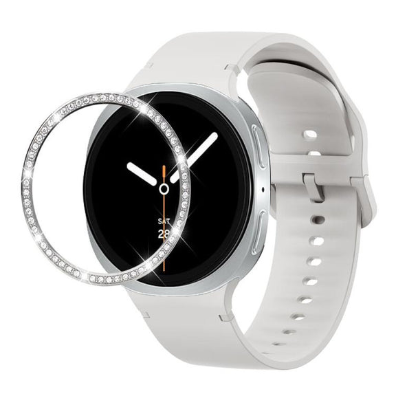 For Samsung Galaxy Watch8 40mm Diamond Bezel and Solid Color Stitched Silicone Watch Band(Lime White Silver)