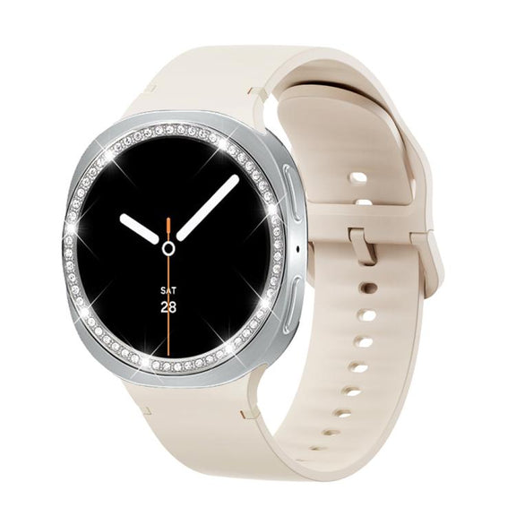 For Samsung Galaxy Watch8 40mm Diamond Bezel and Solid Color Stitched Silicone Watch Band(Starlight Silver)
