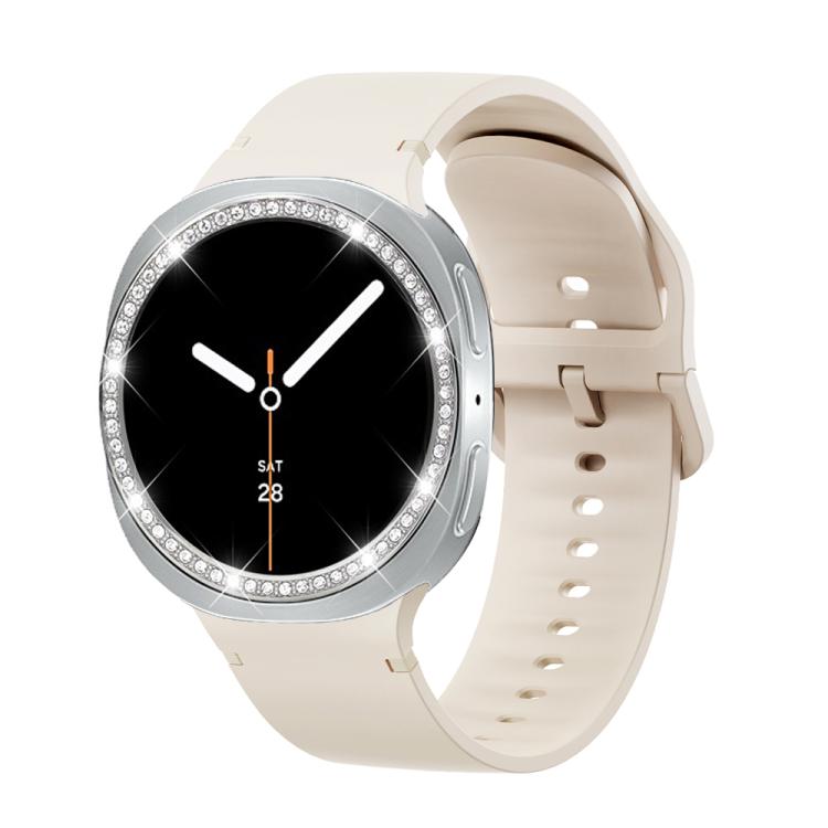 For Samsung Galaxy Watch8 40mm Diamond Bezel and Solid Color Stitched Silicone Watch Band(Starlight Silver)