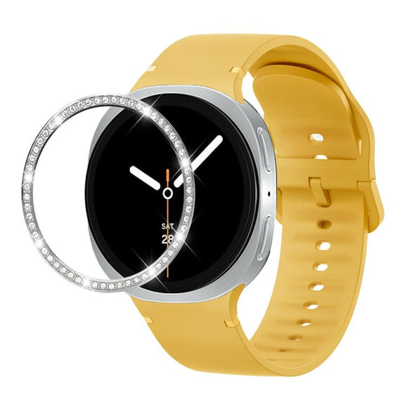 For Samsung Galaxy Watch8 40mm Diamond Bezel and Solid Color Stitched Silicone Watch Band(Official Yellow Silver)