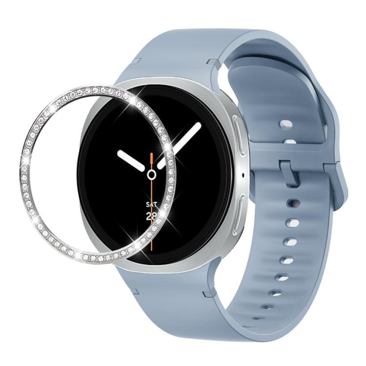 For Samsung Galaxy Watch8 40mm Diamond Bezel and Solid Color Stitched Silicone Watch Band(Jewel Blue Silver) - free shipping - PMC TechLife - Order now!