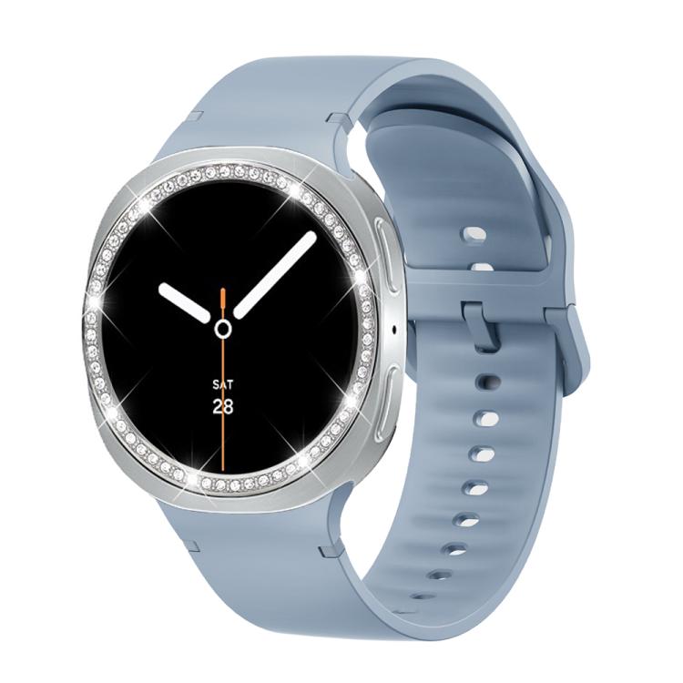 For Samsung Galaxy Watch8 40mm Diamond Bezel and Solid Color Stitched Silicone Watch Band(Jewel Blue Silver) - free shipping - PMC TechLife - Order now!