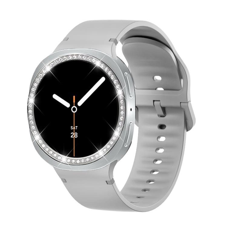 For Samsung Galaxy Watch8 40mm Diamond Bezel and Solid Color Stitched Silicone Watch Band(Gray Silver)