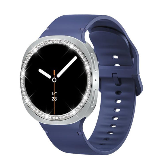 For Samsung Galaxy Watch8 40mm Diamond Bezel and Solid Color Stitched Silicone Watch Band(Midnight Blue Silver)