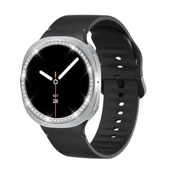 For Samsung Galaxy Watch8 40mm Diamond Bezel and Solid Color Stitched Silicone Watch Band(Black Silver)